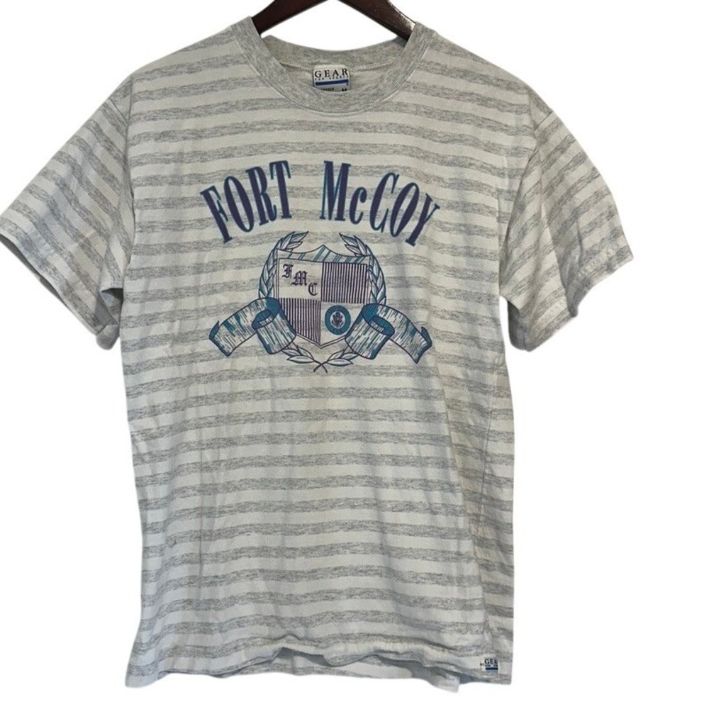 Vintage Gear For Sports Fort McCoy Striped‎ T-Shirt Mens Medium Oversized Grey